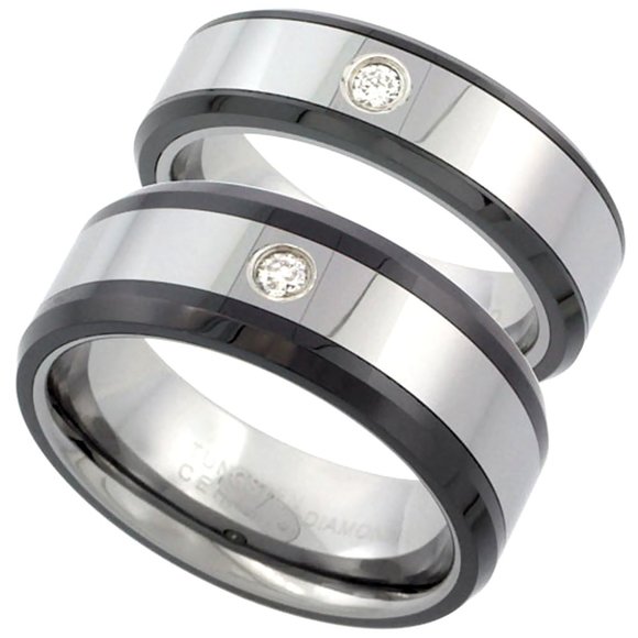 2-Ring Set 6 & 8mm Black Tungsten Diamond Wedding Band set Him Her Rings